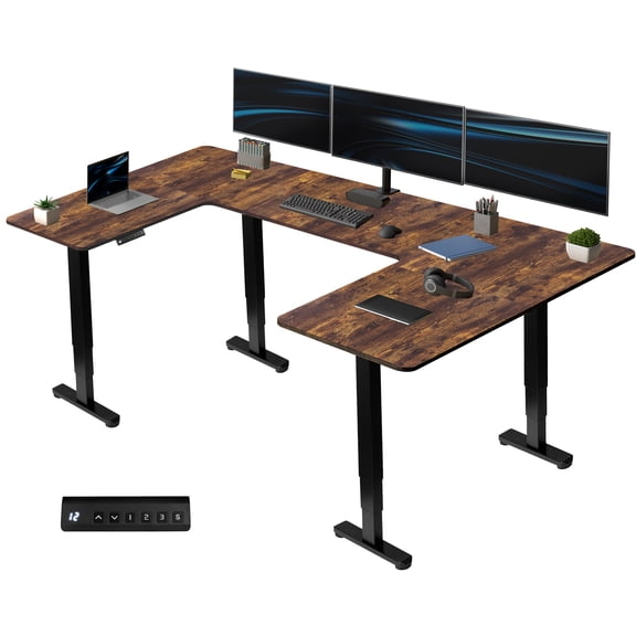 VIVO Vintage Brown/Black U-Shaped 83"x60" Height Adjustable 4-Leg Electric Desk