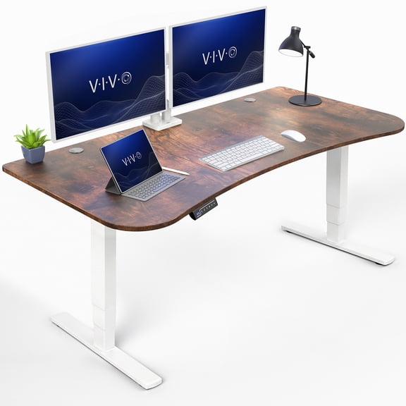 VIVO Vintage Brown / White Electric Height Adjustable Stand Up Desk Frame w/ Top