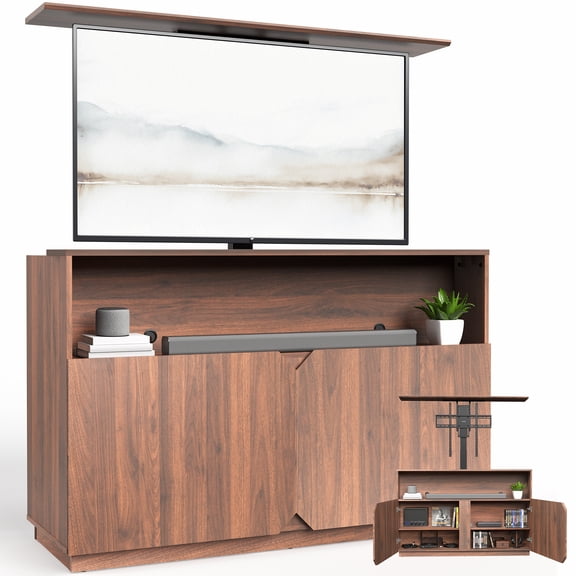 VIVO Walnut Motorized Lift Concealed TV Cabinet with Storage, Holds 32-55 TVs
