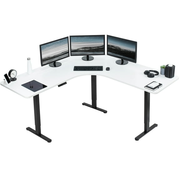 VIVO White / Black Electric 71" x 71" Curved Corner Stand Up Desk