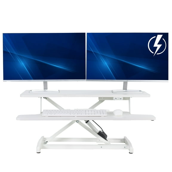 VIVO White Electric 36" Standing Desk Monitor Riser, Dual Arm Sit Stand Tabletop
