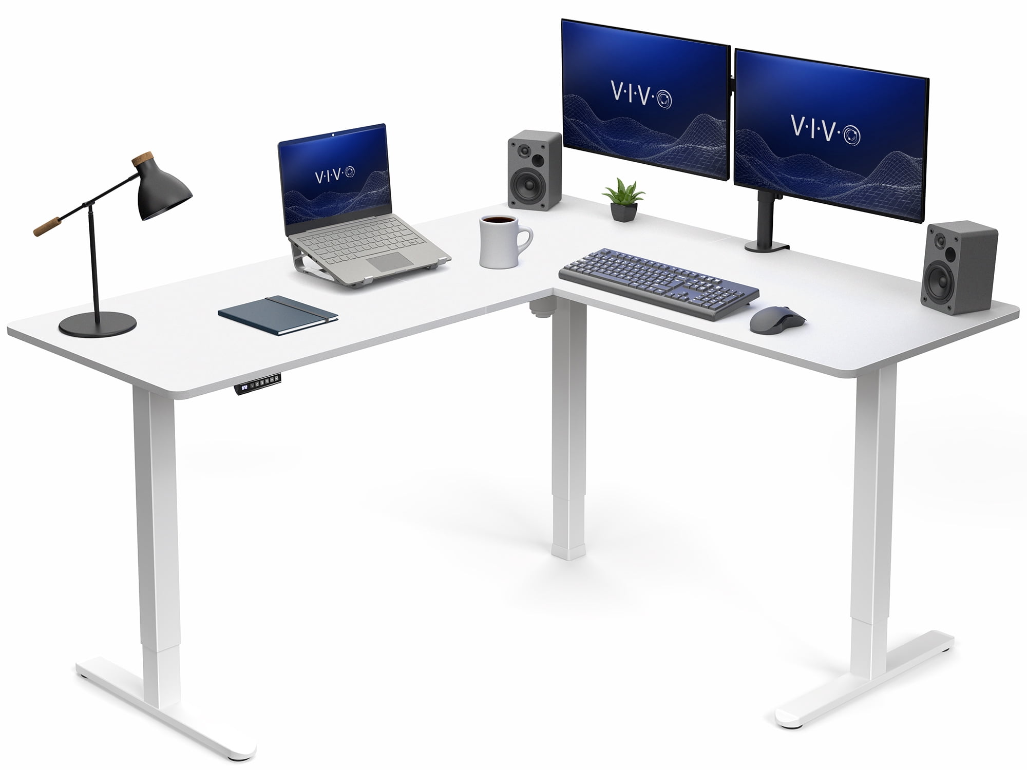 VIVO White Electric 63" x 55" Corner Stand Up Desk, L-Shaped Workstation