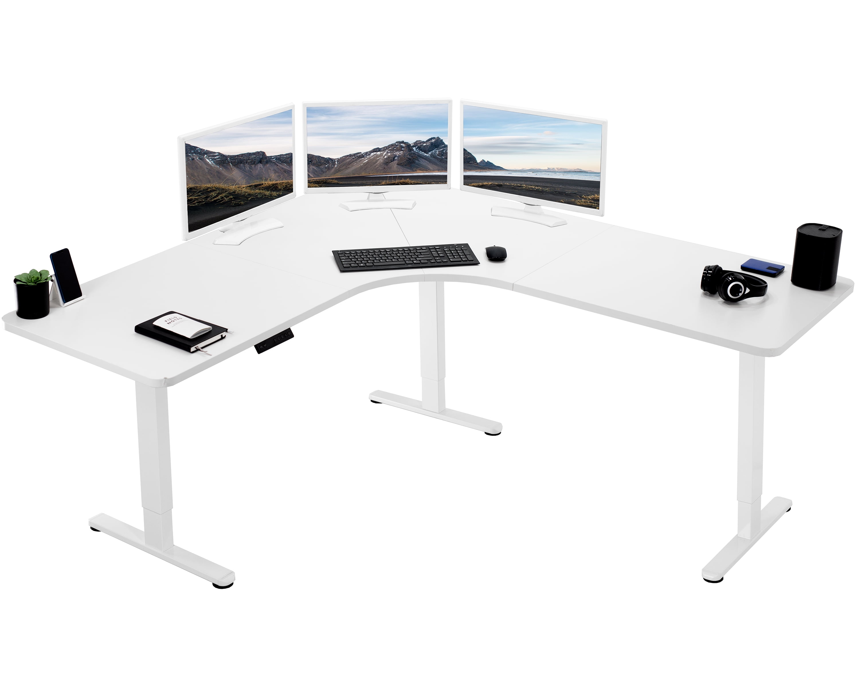 White Electric Adjustable Height L-Shaped Corner Desk with Keyboard Tray