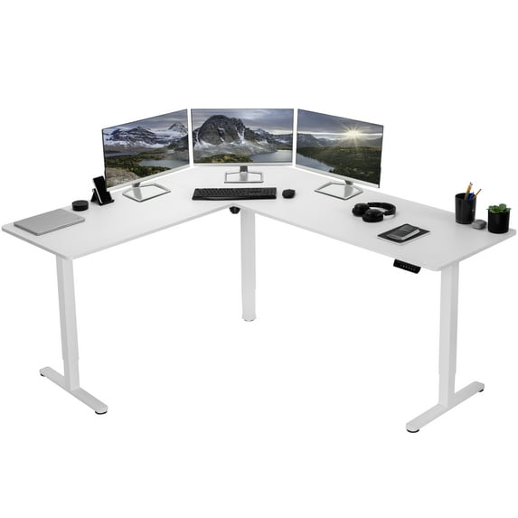 VIVO White Electric 75" x 63" Corner Standing Desk, L-Shaped Workstation