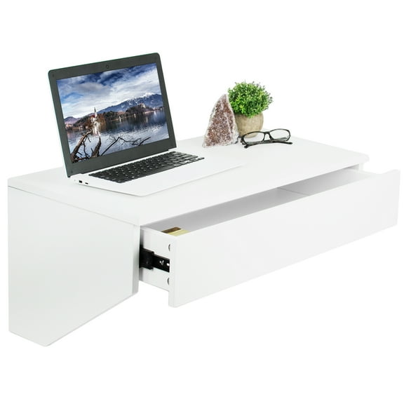 VIVO White Floating Wall Mounted Storage Shelf | Wall Hanging Desk Drawer