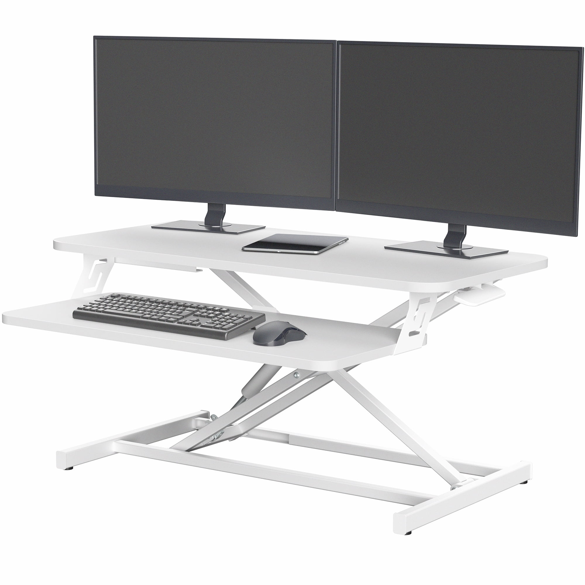 VIVO White Height Adjustable 32" Standing Desk Monitor Riser, Sit Stand Tabletop