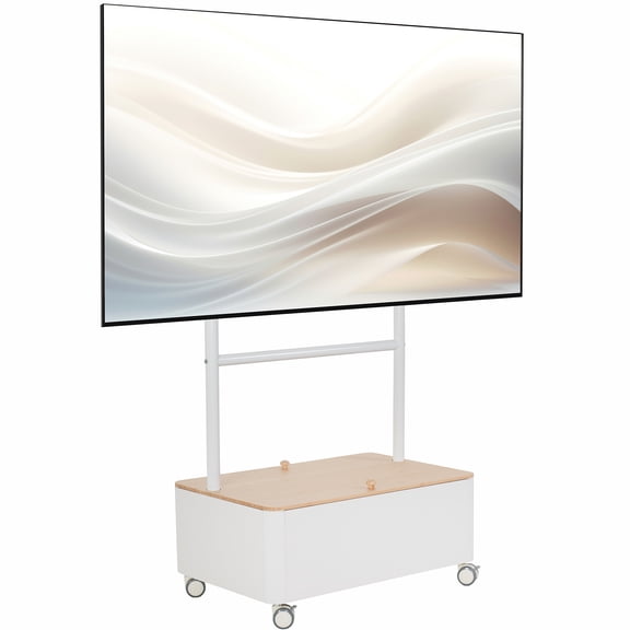 VIVO White Studio Rolling TV Stand, 43-65 Screen, Bamboo Cover Hidden Storage