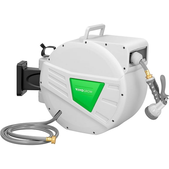 VIVOGROW 65Ft. Retractable Hose Reel, 1/2 Inch Wall-Mounted Garden Hose Reel with a 9-Function Sprayer Nozzle, 180° Swivel Bracket, Automatic Slow Rewind System and Any Length Lock, Grey