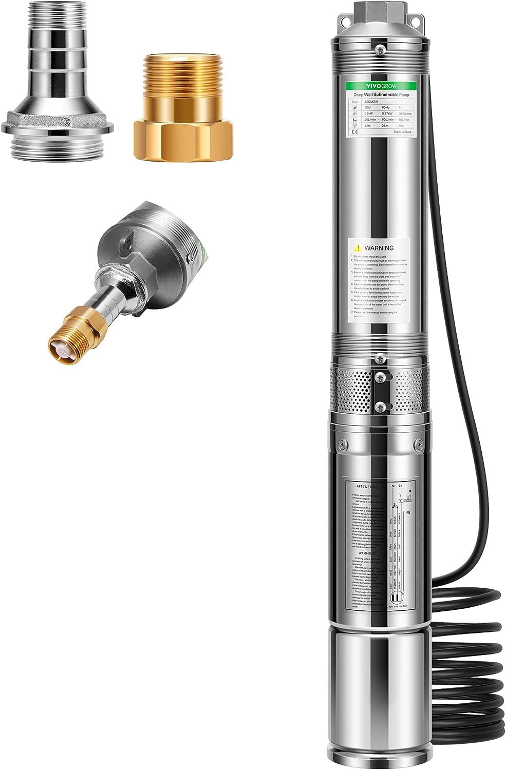 VIVOGROW Deep Well Submersible Pump, 0.5HP, 33GPM, 148ft Head, Stainless Steel Water Pump with Additional Brass Check Valve and 33ft Power Cord for Irrigation, Industrial & Home Use