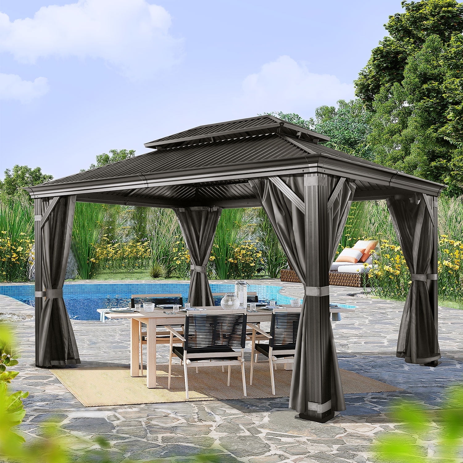 VIVOHOME 10' X 13' Permanent Hardtop Gazebo, Aluminum Frame with Galvanized Steel Double Roof, Curtains and Netting Included