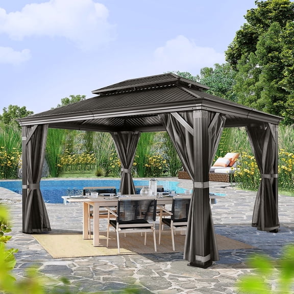 VIVOHOME 10' X 13' Permanent Hardtop Gazebo, Aluminum Frame with Galvanized Steel Double Roof, Curtains and Netting Included