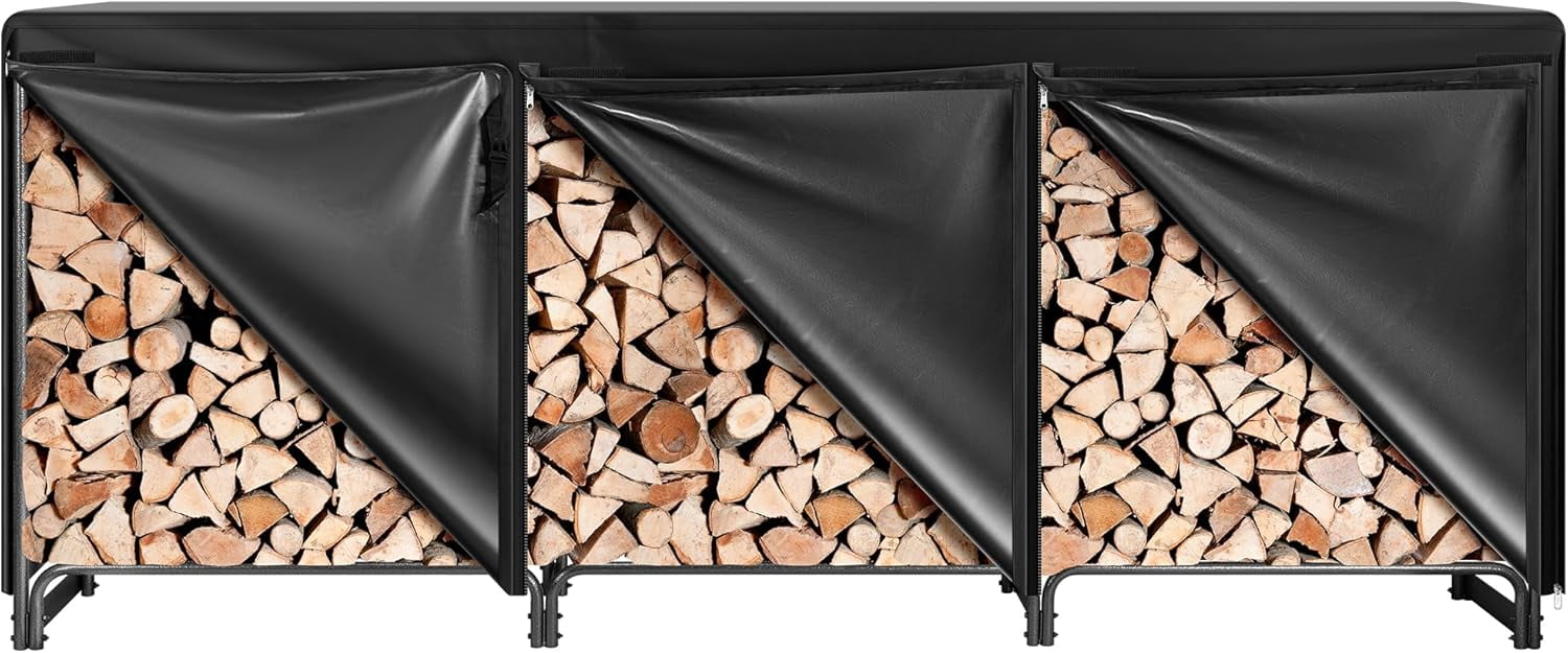 SPECSTAR 10 ft Heavy Duty Firewood Rack Outdoor with Cover, Fire Wood Storage Rack, Log Holder and Cover Combo Set with Zipper, Black