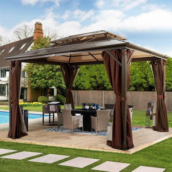 VIVOHOME 10' x 10' Double Roof Hardtop Gazebo, Polycarbonate Roof & Aluminum Alloy Frame with Netting & UV-Proof Privacy Curtain