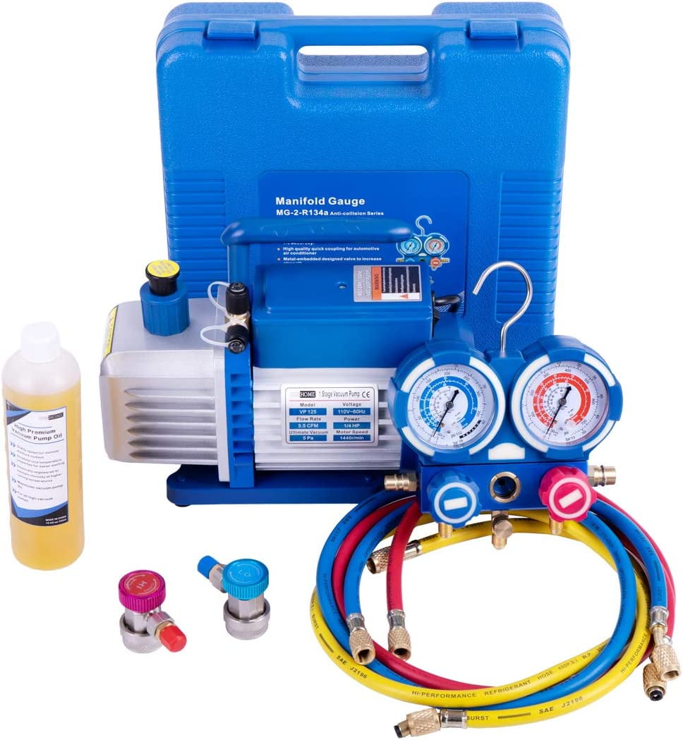 SPECSTAR110V 1/4 HP 3.5 CFM Single Stage Rotary Vane Air Vacuum Pump and R134a AC Manifold Gauge Set Kit for HVAC Air Conditioning Refrigeration Recharging ETL Listed