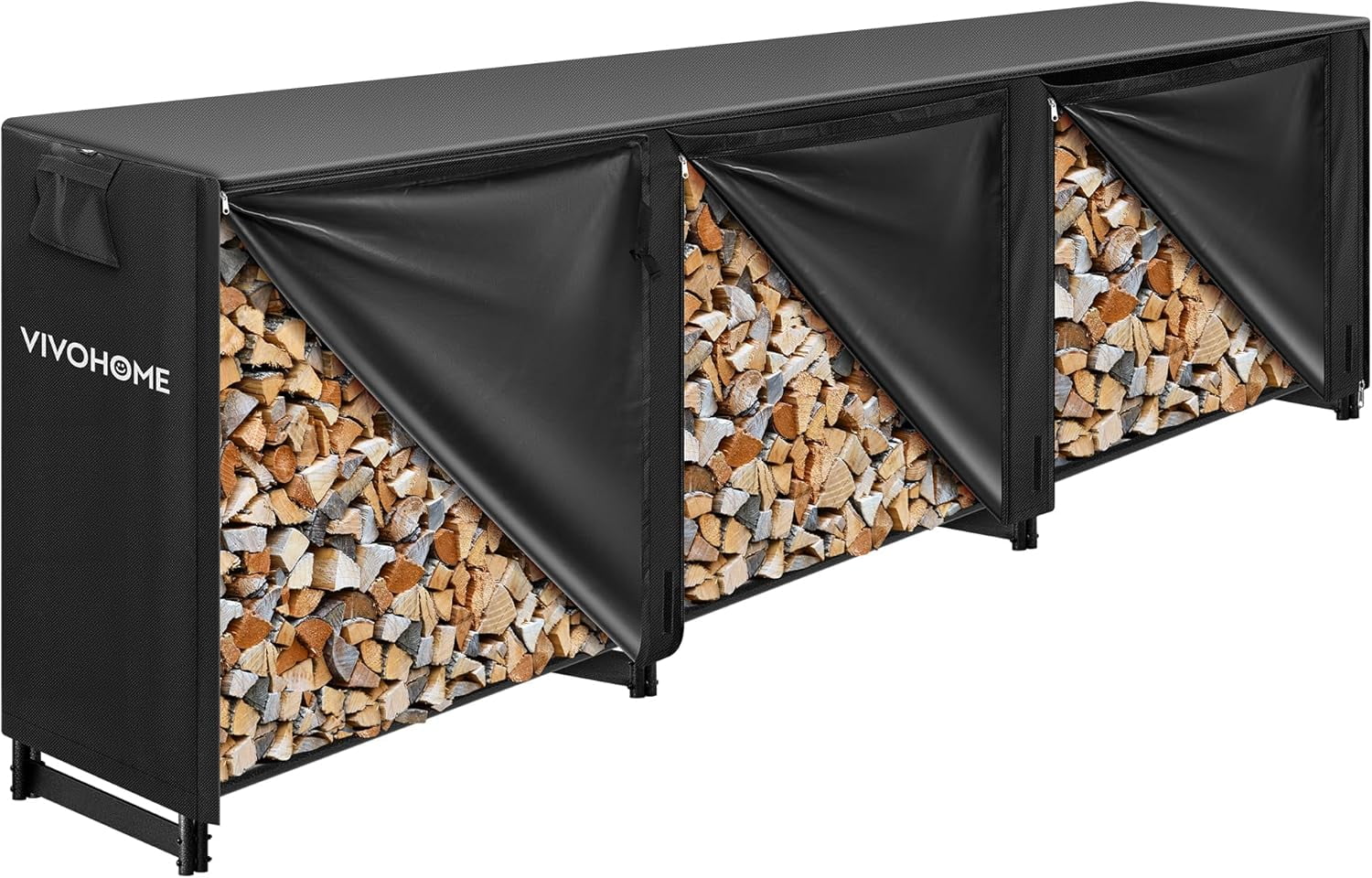 SPECSTAR 12 ft Heavy Duty Firewood Rack Outdoor with Cover, Fire Wood Storage Rack, Log Holder and Cover Combo Set with Zipper, Black