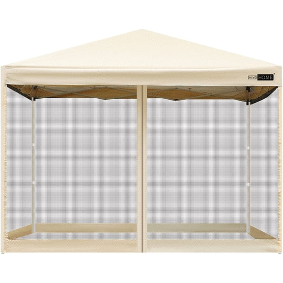 SPECSTAR 210D Oxford Outdoor Easy Pop Up Canopy Screen Party Tent with Mesh Side Walls Beige 10 x 10 Feet, 1 Room