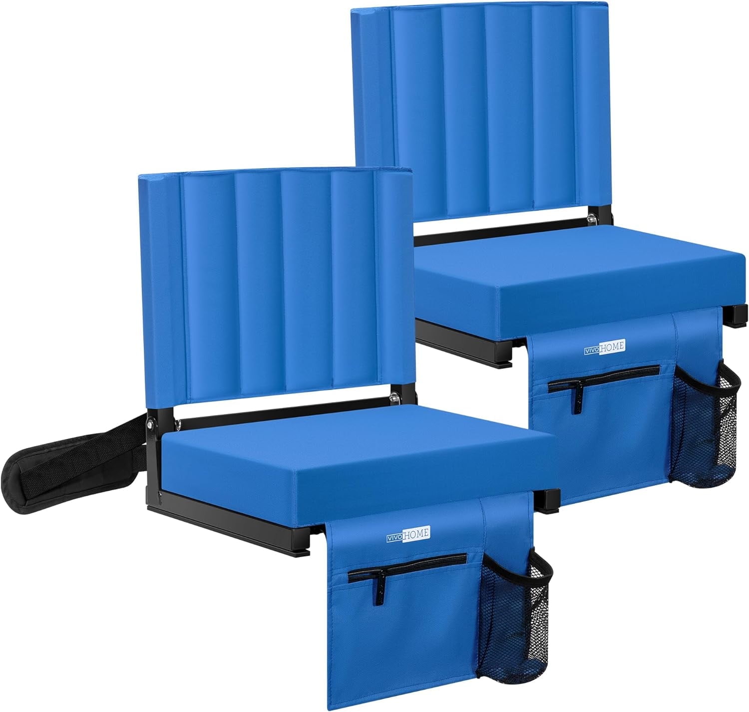 2-Pack Stadium Seats with Back Support and Cushion, Portable Bleacher Chair with Cup Holder and Shoulder Strap, Blue