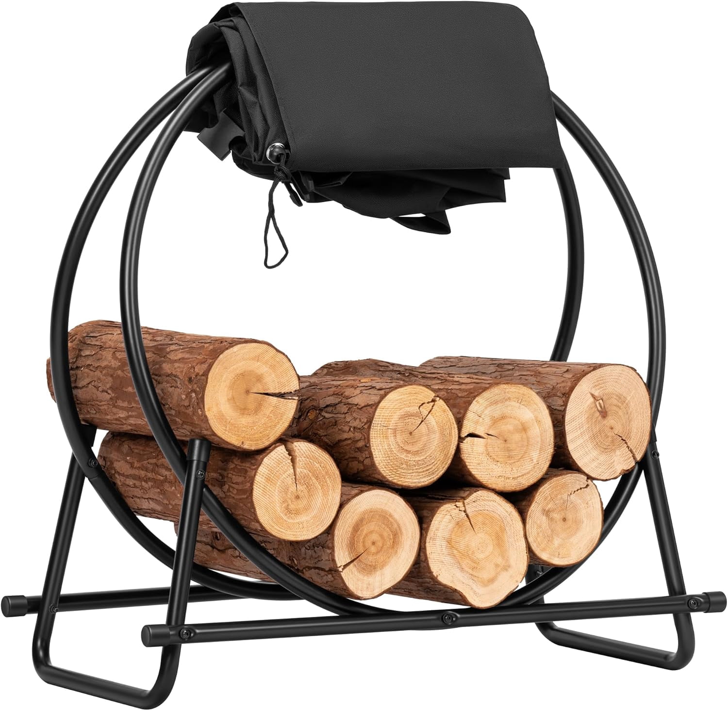 SPECSTAR 28 Inches Firewood Log Rack Hoop with Cover, Heavy Duty Solid Steel Fire Wood Storage Rack and Cover Set with Zipper, Round Log Holder Ring for Indoor Outdoor Patio Deck Porch