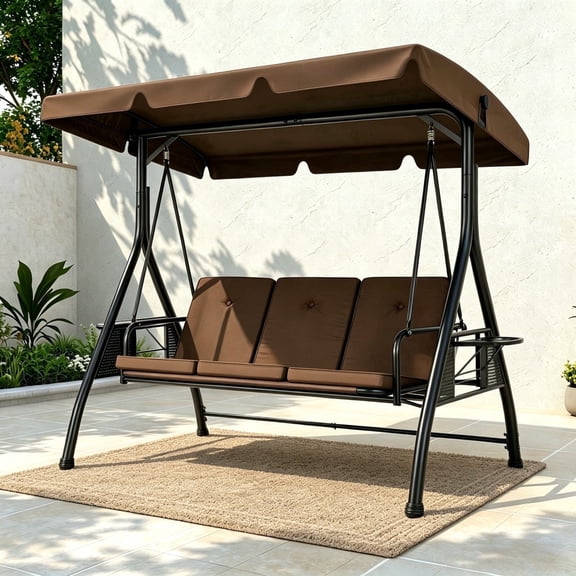 VIVOHOME 3 Seat Porch Swing Chair with Converting Canopy&Removable Cushion, Cushioned Steel Frame Porch Canopy Swing Chair, Swing Glider Hammock for Patio, Garden - Brown