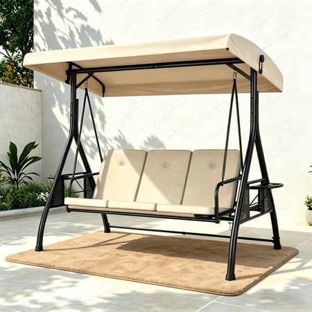 VIVOHOME 3 Seat Porch Swing Chair with Converting Canopy&Removable Cushion, Cushioned Steel Frame Porch Canopy Swing Chair, Swing Glider Hammock for Patio, Garden - Khaki