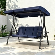 VIVOHOME 3 Seat Porch Swing Chair with Converting Canopy&Removable Cushion, Cushioned Steel Frame Porch Canopy Swing Chair, Swing Glider Hammock for Patio, Garden - Navy Blue