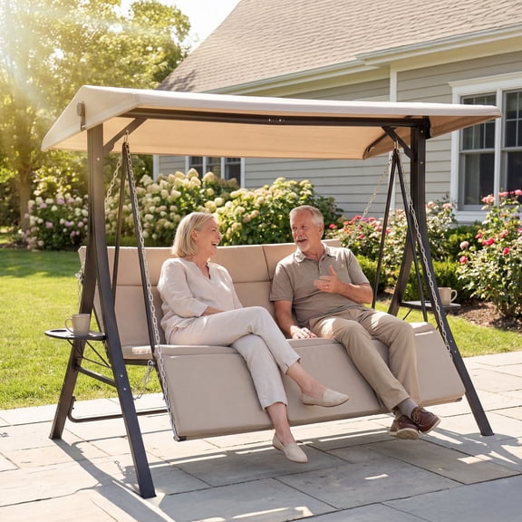 VIVOHOME 3 Seat Patio Swing Chair with Adjustable Canopy& Cushion, Steel Frame Porch Canopy Swing Chair, Swing Glider Hammock for Patio, Garden
