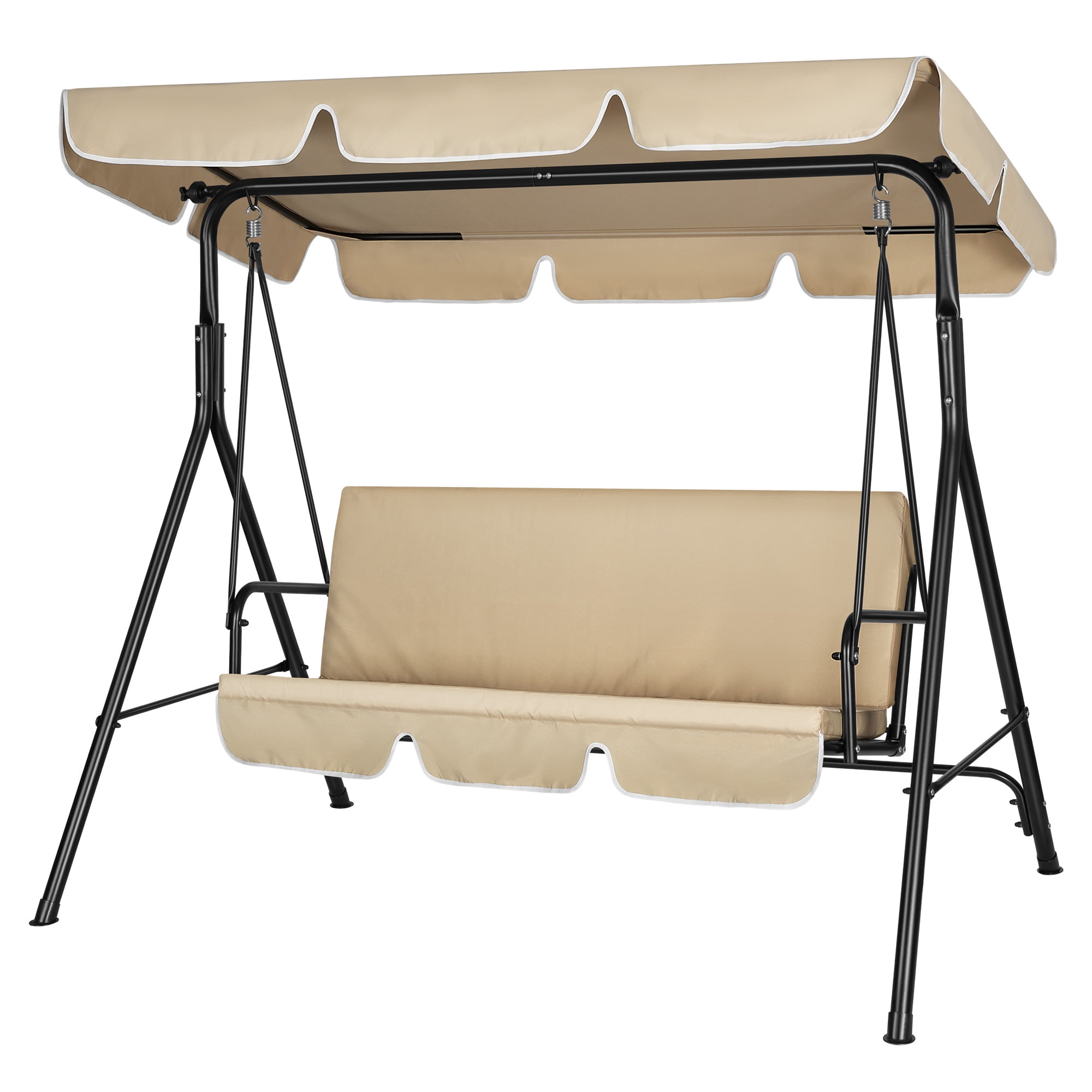 VIVOHOME 3 Seat Porch Swing Chair with Converting Canopy&Removable Cushion, Cushioned Steel Frame Porch Canopy Swing Chair, Swing Glider Hammock for Patio, Garden, Beige