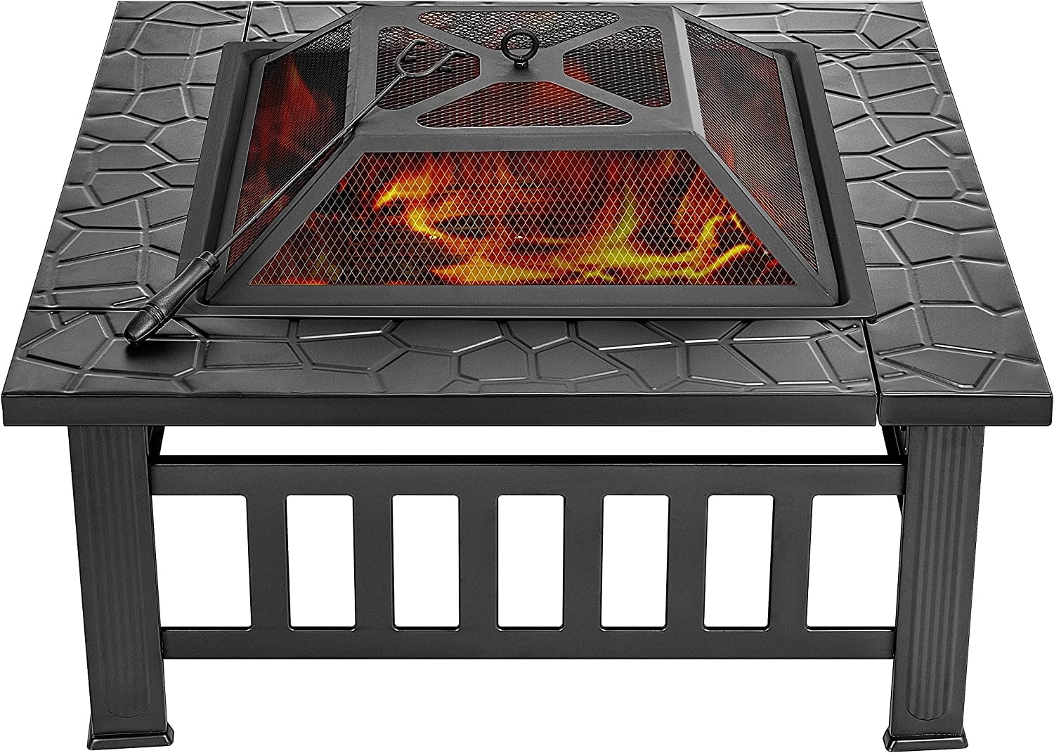 VIVOHOME 32 Inch Heavy Duty 3 in 1 Metal Square Patio Firepit Table BBQ Garden Stove with Spark Screen Cover Log Grate and Poker for Outside Wood Burning and Drink Cooling
