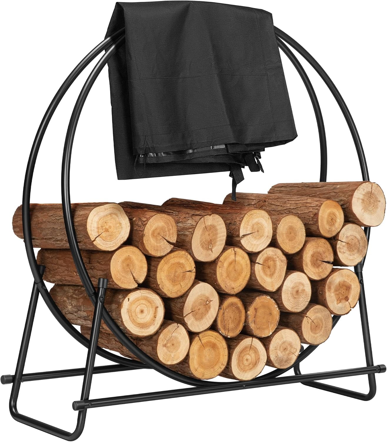SPECSTAR 32 Inches Firewood Log Rack Hoop with Cover, Heavy Duty Solid Steel Fire Wood Storage Rack and Cover Set with Zipper, Round Log Holder Ring for Indoor Outdoor Patio Deck Porch