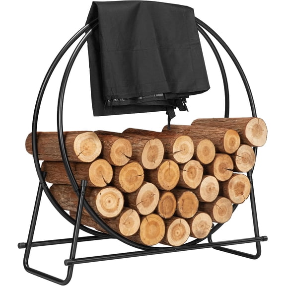 SPECSTAR 32 Inches Firewood Log Rack Hoop with Cover, Heavy Duty Solid Steel Fire Wood Storage Rack and Cover Set with Zipper, Round Log Holder Ring for Indoor Outdoor Patio Deck Porch