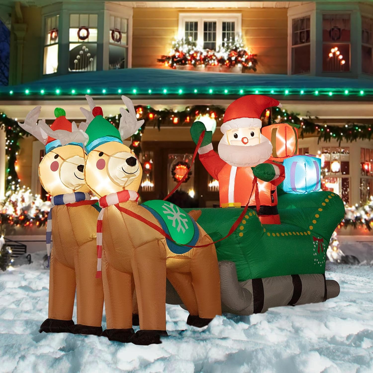 VIVOHOME 6.9ft Long Christmas Inflatable LED Lighted Santa on Sleigh ...