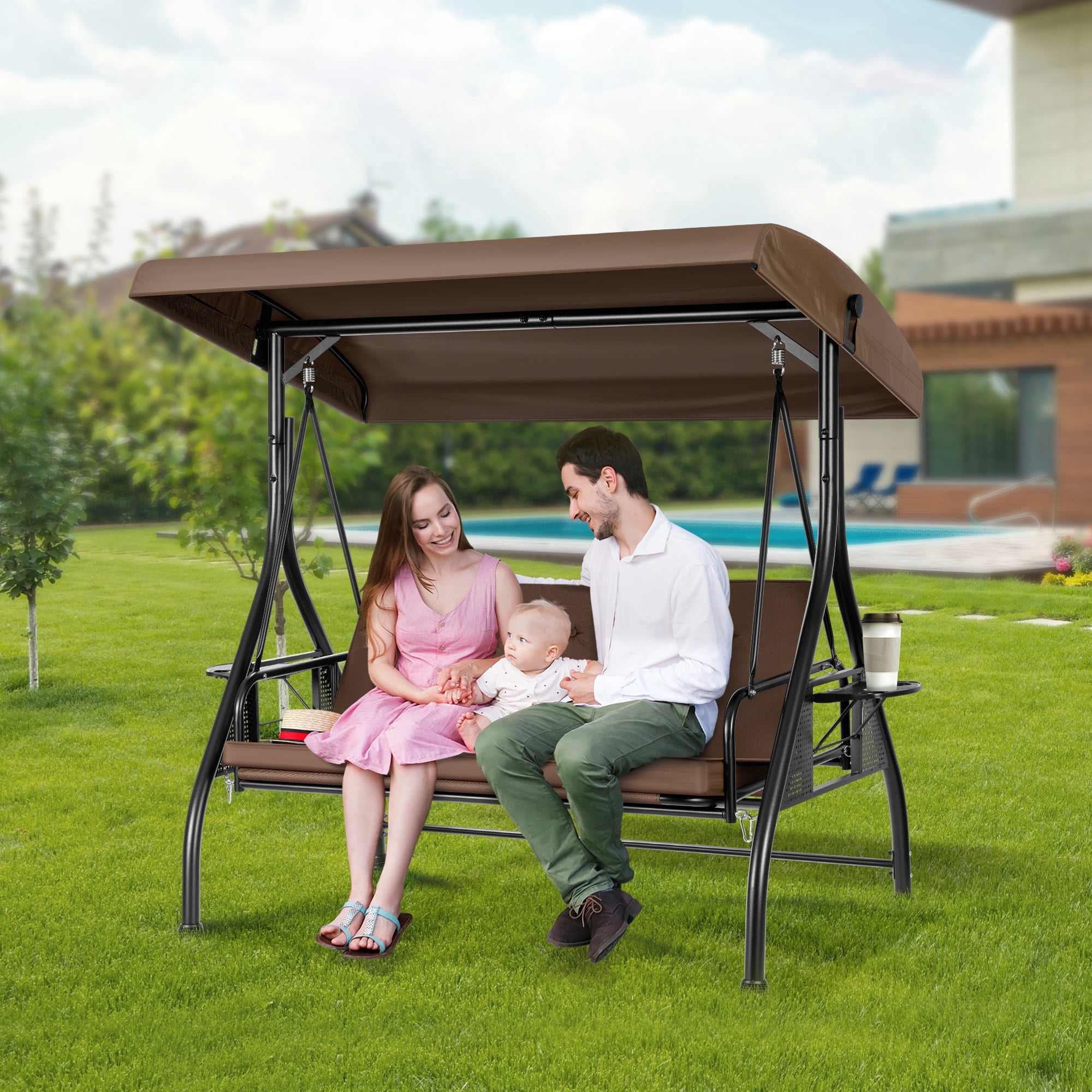 VIVOHOME Outdoor Converting Swing Chair 3-Seat with Canopy, Outdoor Porch Swing Chair with Stand - Brown