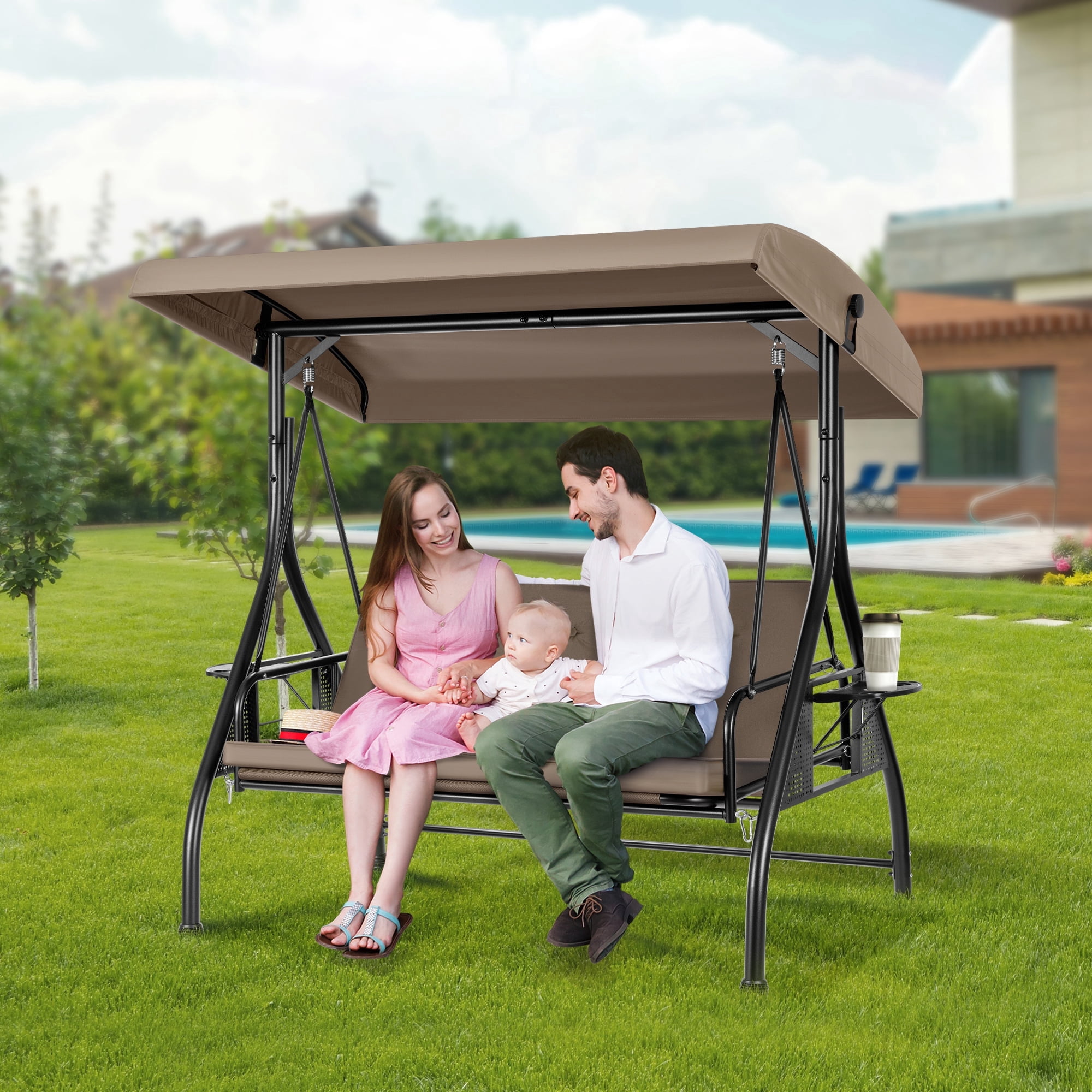 VIVOHOME Outdoor Converting Swing Chair 3-Seat with Canopy, Outdoor Porch Swing Chair with Stand, Gray