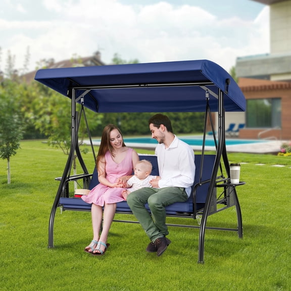 VIVOHOME Outdoor Converting Swing Chair 3-Seat with Canopy, Outdoor Porch Swing Chair with Stand - Navy Blue