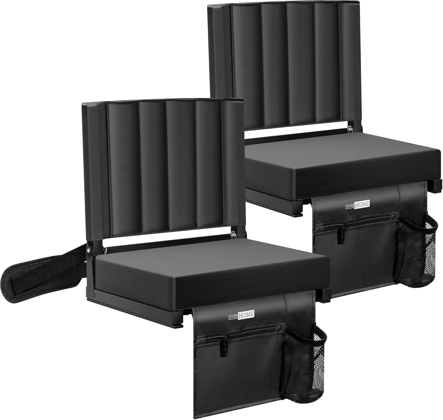 2-Pack Portable Stadium Seat for Bleachers with Back Support, Folding Bleacher Chair with Cup Holder and Shoulder Strap Black