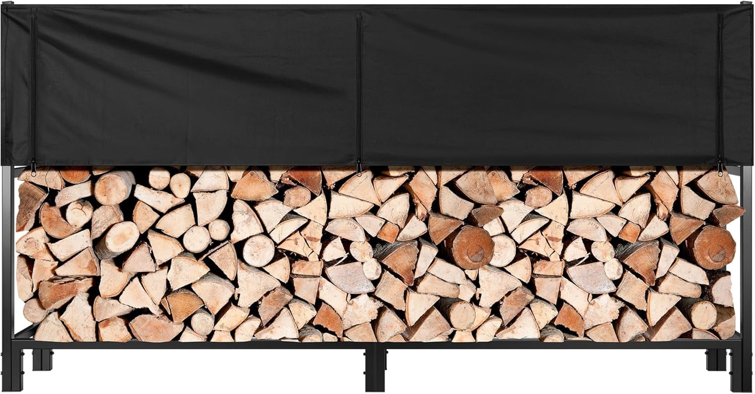 SPECSTAR Upgraded Heavy Duty 8 ft 1/2 Cord Firewood Rack Outdoor with Cover Combo Set, Thick Steel Log Holder Up to 3300 lb, Fire Wood Pile Storage Stand Organizer Black