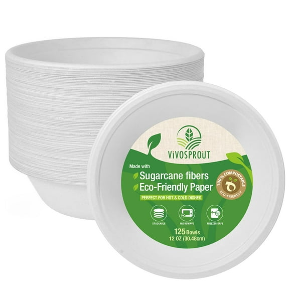 VIVOSPROUT Disposable Compostable Paper Bowls 12oz [125-Pack], Heavy Duty, Eco-Friendly made with Biodegradable Bagasse, perfect for Hot Soup, Salad, Snacks (Eco-White)