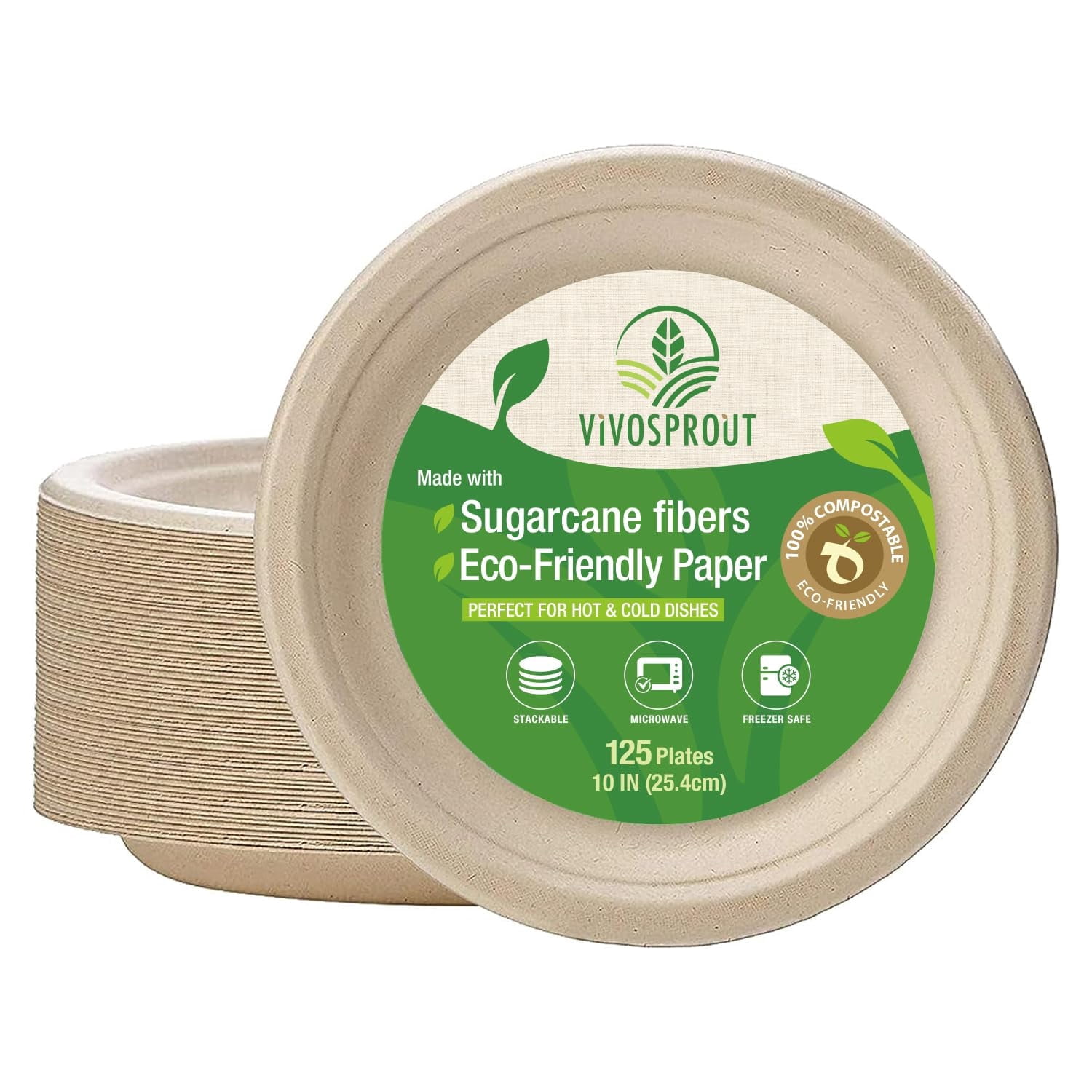 VIVOSPROUT Disposable Compostable Paper Plates (Natural Brown, 10 Inch - 125pk)