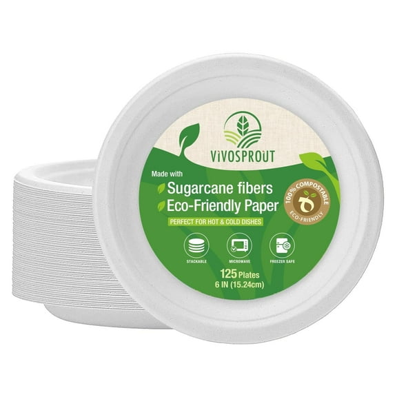 VIVOSPROUT Disposable Compostable Paper Plates 6 Inch [125-Pack], Heavy Duty, Eco-Friendly made with Biodegradable Bagasse for Parties and Picinic, (Eco-White)