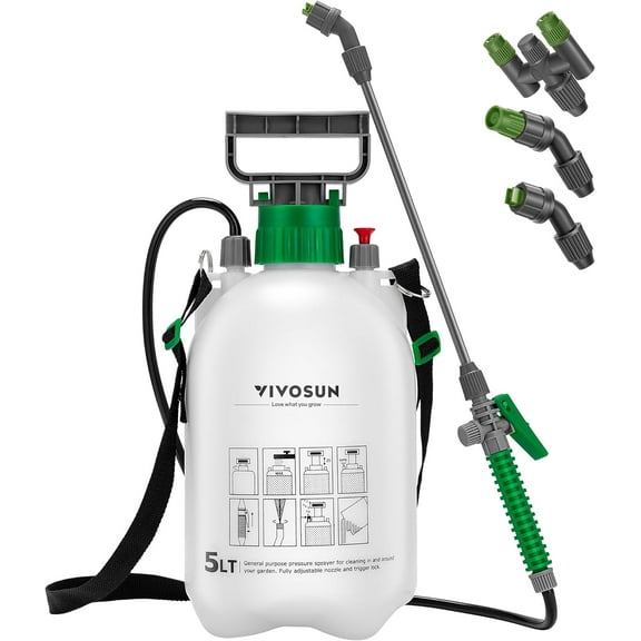 VIVOSUN 1.3 Gallon Pump Pressure Sprayer, 5L Pressurized Lawn & Garden Water Spray Bottle with 3 Water Nozzles, Adjustable Shoulder Strap, Pressure Relief Valve, for Plants and Cleaning