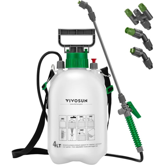 VIVOSUN 1 Gallon Pump Pressure Sprayer, 4L Pressurized Lawn & Garden Water Spray Bottle with 3 Water Nozzles, Adjustable Shoulder Strap, Pressure Relief Valve, for Plants and Cleaning