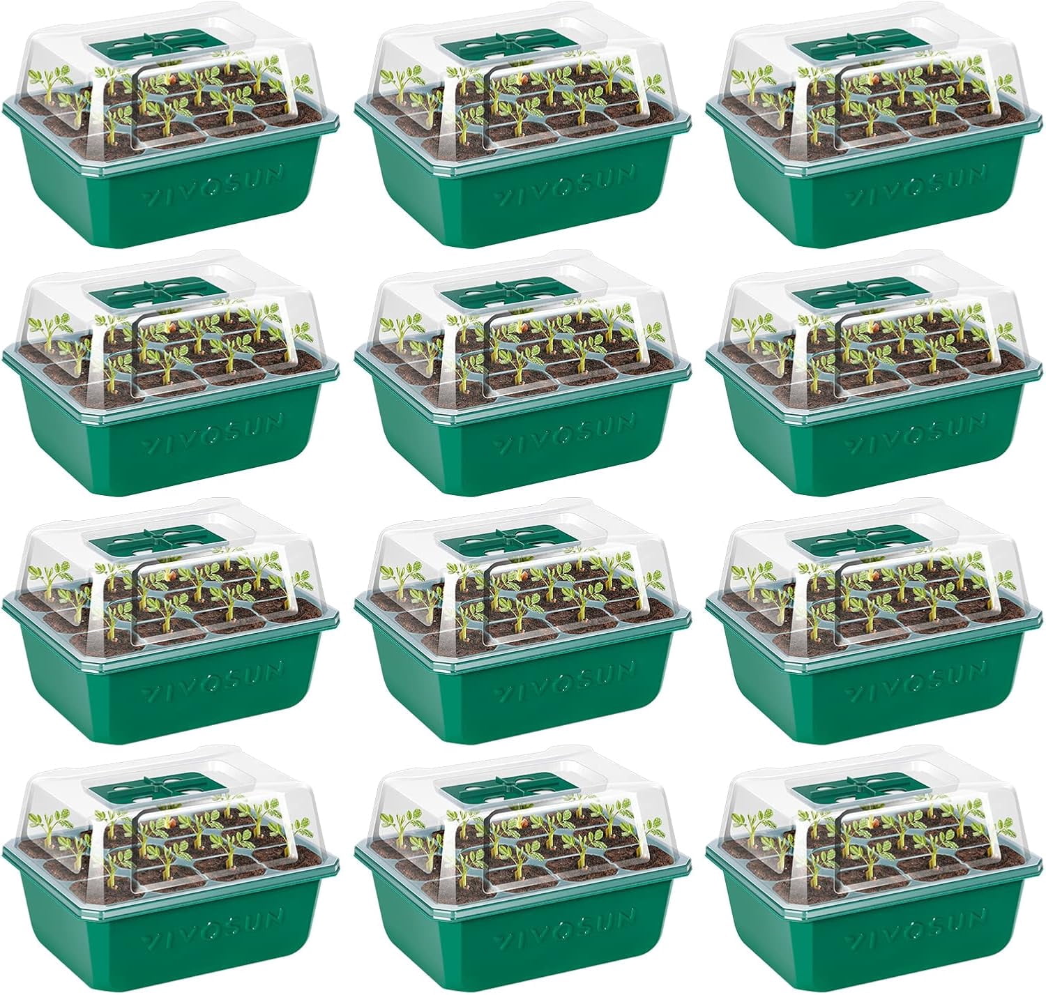 VIVOSUN 12-Pack Seed Starter Trays, 144-Cell Seed Starter Kit with Humidity Dome, Flat Reusable Plant Germination Trays with Drain Hole, Green Propagation Tray for Planting Seeds