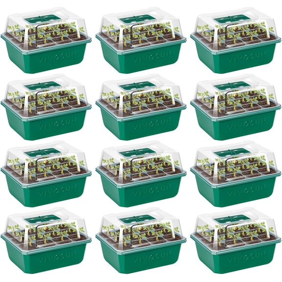 VIVOSUN 12-Pack Seed Starter Trays, 144-Cell Seed Starter Kit with Humidity Dome, Flat Reusable Plant Germination Trays with Drain Hole, Green Propagation Tray for Planting Seeds