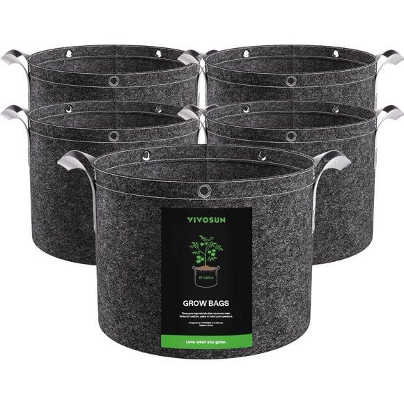 BCLONG 5 Pack Fabric Grow Pots Round Aeration Plant Pots Grow Bags 3-15 Gallon Black