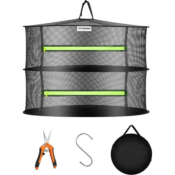 VIVOSUN 2-Layer Herb Drying Net Rack Hanging Design with Green Zippers for Dehydrating, Indoor and Outdoor Pruning Shears Included