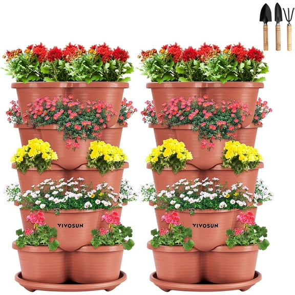 VIVOSUN 2-Pack 5 Tier Vertical Gardening Stackable Planter for Strawberries, Flowers, Herbs, Vegetables Brown