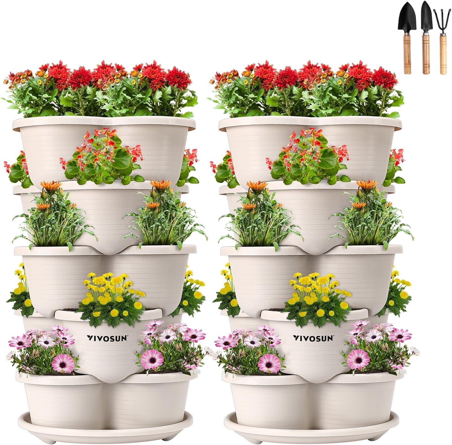 VIVOSUN 2-Pack 5 Tier Vertical Gardening Stackable Planter for Strawberries, Flowers, Herbs, Vegetables Ivory