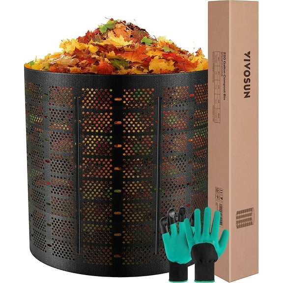VIVOSUN 220 Gallon Outdoor Compost Bin, Expandable Composter, Easy to Setup & Large Capacity for Backyard, Lawn (Black with Gloves)