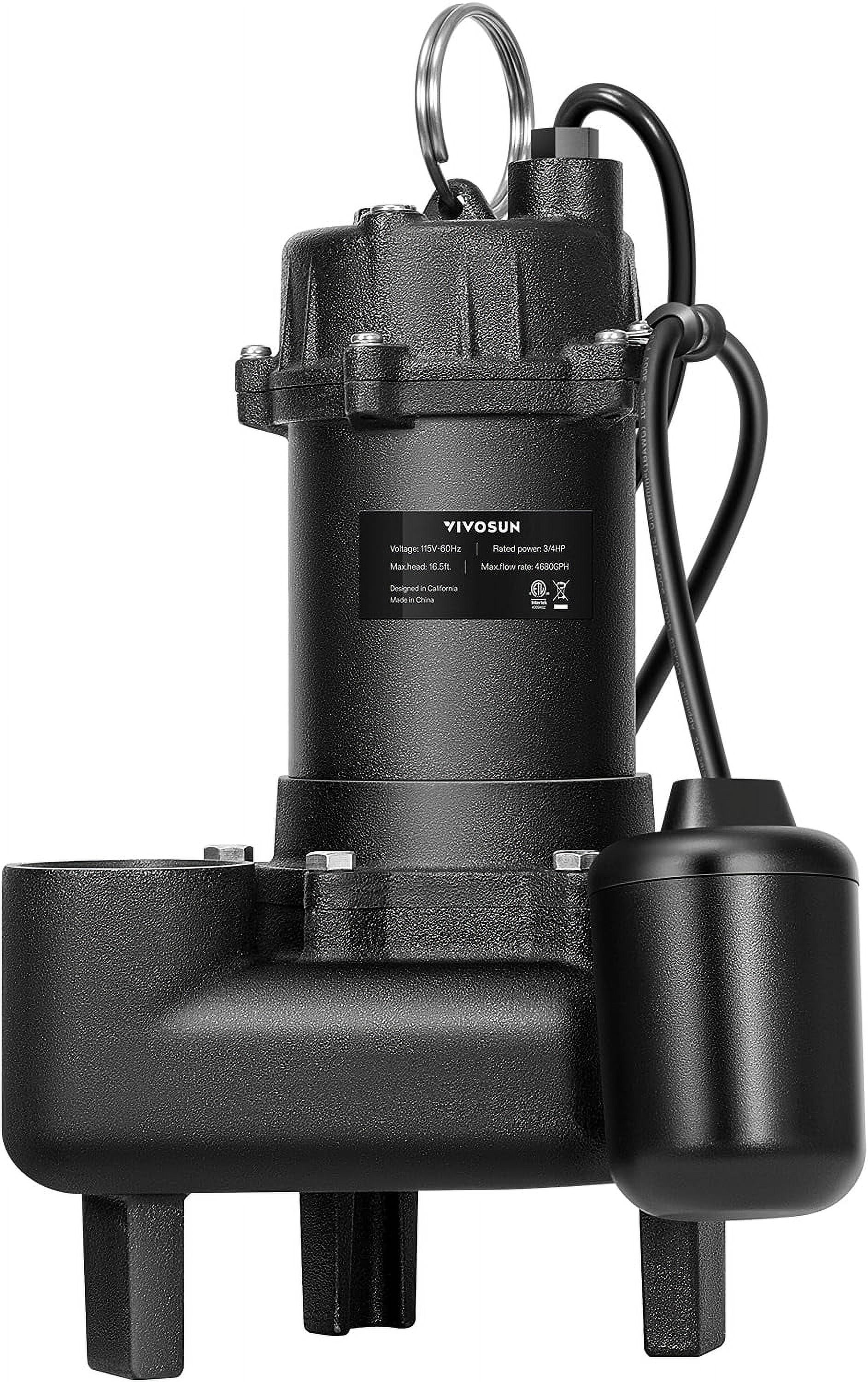 VIVOSUN 3/4HP Submersible Sewage/Effluent Pump, 4680 GPH, Cast Iron