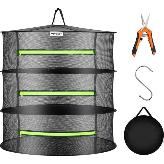 VIVOSUN 3-Layer Herb Drying Net Rack Hanging Design with Green Zippers for Dehydrating, Indoor and Outdoor Pruning Shears Included